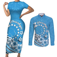 Personalised Penrhyn Gospel Day Couples Matching Short Sleeve Bodycon Dress and Long Sleeve Button Shirt Cook Islands Tribal Pattern LT05 Blue - Polynesian Pride