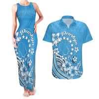 Personalised Penrhyn Gospel Day Couples Matching Tank Maxi Dress and Hawaiian Shirt Cook Islands Tribal Pattern LT05 Blue - Polynesian Pride