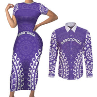 Custom Cook Islands Rarotonga Couples Matching Short Sleeve Bodycon Dress and Long Sleeve Button Shirt Polynesian Tribal Tattoo