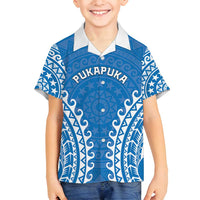 Custom Cook Islands Pukapuka Family Matching Long Sleeve Bodycon Dress and Hawaiian Shirt Polynesian Tribal Tattoo LT05 Son's Shirt Blue - Polynesian Pride