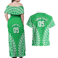 Custom Cook Islands Mitiaro Couples Matching Off Shoulder Maxi Dress and Hawaiian Shirt Polynesian Tribal Tattoo