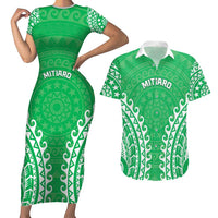 Custom Cook Islands Mitiaro Couples Matching Short Sleeve Bodycon Dress and Hawaiian Shirt Polynesian Tribal Tattoo LT05 Green - Polynesian Pride