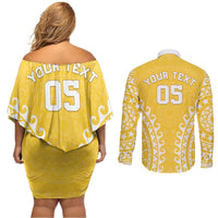 Custom Cook Islands Aitutaki Couples Matching Off Shoulder Short Dress and Long Sleeve Button Shirt Polynesian Tribal Tattoo