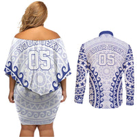 Custom Cook Islands Palmerston Couples Matching Off Shoulder Short Dress and Long Sleeve Button Shirt Polynesian Tribal Tattoo