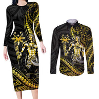 Filipinos Lapu Lapu Hero Couples Matching Long Sleeve Bodycon Dress and Long Sleeve Button Shirt Gold Polynesian Tribal Tattoo