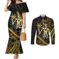 Filipinos Lapu Lapu Hero Couples Matching Mermaid Dress and Long Sleeve Button Shirt Gold Polynesian Tribal Tattoo