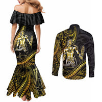 Filipinos Lapu Lapu Hero Couples Matching Mermaid Dress and Long Sleeve Button Shirt Gold Polynesian Tribal Tattoo