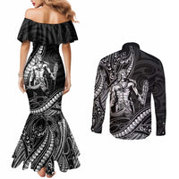 Filipinos Lapu Lapu Hero Couples Matching Mermaid Dress and Long Sleeve Button Shirt Black Polynesian Tribal Tattoo
