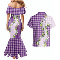 Violet Hawaii Palaka Couples Matching Mermaid Dress and Hawaiian Shirt Maile Pikake Honohono Orchid Lei LT05 - Polynesian Pride