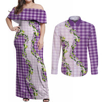 Violet Hawaii Palaka Couples Matching Off Shoulder Maxi Dress and Long Sleeve Button Shirt Maile Pikake Honohono Orchid Lei LT05 Violet - Polynesian Pride