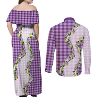 Violet Hawaii Palaka Couples Matching Off Shoulder Maxi Dress and Long Sleeve Button Shirt Maile Pikake Honohono Orchid Lei LT05 - Polynesian Pride