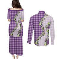 Violet Hawaii Palaka Couples Matching Puletasi and Long Sleeve Button Shirt Maile Pikake Honohono Orchid Lei LT05 - Polynesian Pride