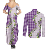 Violet Hawaii Palaka Couples Matching Summer Maxi Dress and Long Sleeve Button Shirt Maile Pikake Honohono Orchid Lei LT05 - Polynesian Pride