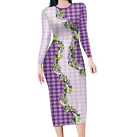 Violet Hawaii Palaka Long Sleeve Bodycon Dress Maile Pikake Honohono Orchid Lei LT05 Long Dress Violet - Polynesian Pride