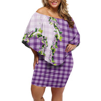 Violet Hawaii Palaka Off Shoulder Short Dress Maile Pikake Honohono Orchid Lei LT05 Women Violet - Polynesian Pride
