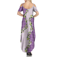 Violet Hawaii Palaka Summer Maxi Dress Maile Pikake Honohono Orchid Lei