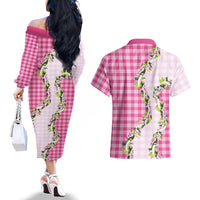 Pink Hawaii Palaka Couples Matching Off The Shoulder Long Sleeve Dress and Hawaiian Shirt Maile Pikake Honohono Orchid Lei LT05 - Polynesian Pride