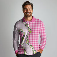 Pink Hawaii Palaka Long Sleeve Polo Shirt Maile Pikake Honohono Orchid Lei LT05 - Polynesian Pride
