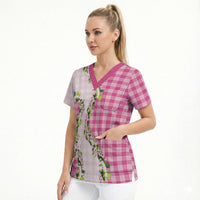 Pink Hawaii Palaka Scrub Top Maile Pikake Honohono Orchid Lei