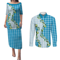 Blue Hawaii Palaka Couples Matching Puletasi and Long Sleeve Button Shirt Maile Pikake Honohono Orchid Lei LT05 Blue - Polynesian Pride