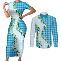 Blue Hawaii Palaka Couples Matching Short Sleeve Bodycon Dress and Long Sleeve Button Shirt Maile Pikake Honohono Orchid Lei LT05 Blue - Polynesian Pride
