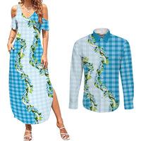 Blue Hawaii Palaka Couples Matching Summer Maxi Dress and Long Sleeve Button Shirt Maile Pikake Honohono Orchid Lei LT05 Blue - Polynesian Pride