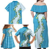 Blue Hawaii Palaka Family Matching Off Shoulder Maxi Dress and Hawaiian Shirt Maile Pikake Honohono Orchid Lei LT05 - Polynesian Pride