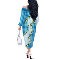 Blue Hawaii Palaka Off The Shoulder Long Sleeve Dress Maile Pikake Honohono Orchid Lei LT05 - Polynesian Pride