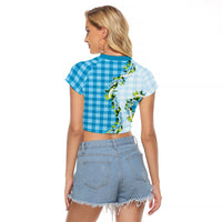 Blue Hawaii Palaka Raglan Cropped T Shirt Maile Pikake Honohono Orchid Lei