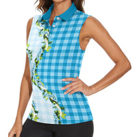 Blue Hawaii Palaka Women Sleeveless Polo Shirt Maile Pikake Honohono Orchid Lei LT05 - Polynesian Pride