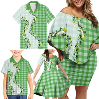 Green Hawaii Palaka Family Matching Off Shoulder Short Dress and Hawaiian Shirt Maile Pikake Honohono Orchid Lei LT05 - Polynesian Pride