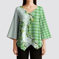 Green Hawaii Palaka Kimono Sleeve Blouse Maile Pikake Honohono Orchid Lei LT05 - Polynesian Pride