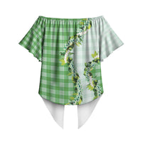 Green Hawaii Palaka Off Shoulder Wrap Waist Top Maile Pikake Honohono Orchid Lei LT05 - Polynesian Pride