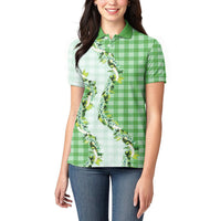 Green Hawaii Palaka Women Polo Shirt Maile Pikake Honohono Orchid Lei LT05 - Polynesian Pride