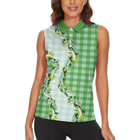 Green Hawaii Palaka Women Sleeveless Polo Shirt Maile Pikake Honohono Orchid Lei LT05 - Polynesian Pride