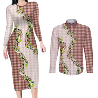Mocha Hawaii Palaka Couples Matching Long Sleeve Bodycon Dress and Long Sleeve Button Shirt Maile Pikake Honohono Orchid Lei LT05 Mocha - Polynesian Pride