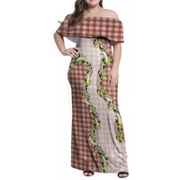 Mocha Hawaii Palaka Family Matching Off Shoulder Maxi Dress and Hawaiian Shirt Maile Pikake Honohono Orchid Lei LT05 Mom's Dress Mocha - Polynesian Pride