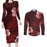 Hawaii Hibiscus With Oxblood Polynesian Pattern Couples Matching Long Sleeve Bodycon Dress and Long Sleeve Button Shirt