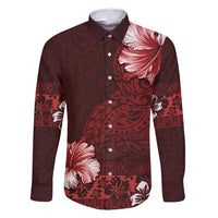 Hawaii Hibiscus With Oxblood Polynesian Pattern Family Matching Off Shoulder Maxi Dress and Hawaiian Shirt LT05 Dad's Shirt - Long Sleeve Red - Polynesian Pride