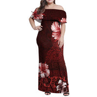 Hawaii Hibiscus With Oxblood Polynesian Pattern Family Matching Off Shoulder Maxi Dress and Hawaiian Shirt LT05 Mom's Dress Red - Polynesian Pride
