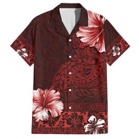 Hawaii Hibiscus With Oxblood Polynesian Pattern Family Matching Off Shoulder Short Dress and Hawaiian Shirt LT05 Dad's Shirt - Short Sleeve Red - Polynesian Pride