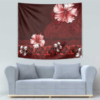 Hawaii Hibiscus With Oxblood Polynesian Pattern Tapestry