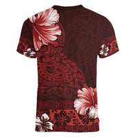 Hawaii Hibiscus With Oxblood Polynesian Pattern Women V-Neck T-Shirt LT05 - Polynesian Pride