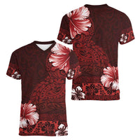 Hawaii Hibiscus With Oxblood Polynesian Pattern Women V-Neck T-Shirt LT05 - Polynesian Pride