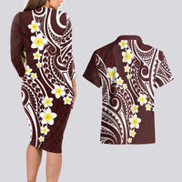 Plumeria With Oxblood Polynesian Tattoo Pattern Couples Matching Long Sleeve Bodycon Dress and Hawaiian Shirt