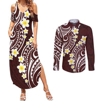 Plumeria With Oxblood Polynesian Tattoo Pattern Couples Matching Summer Maxi Dress and Long Sleeve Button Shirt