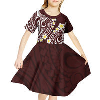 Plumeria With Oxblood Polynesian Tattoo Pattern Kid Short Sleeve Dress LT05 - Polynesian Pride