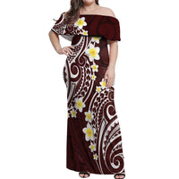 Plumeria With Oxblood Polynesian Tattoo Pattern Off Shoulder Maxi Dress LT05 Women Red - Polynesian Pride