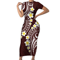 Plumeria With Oxblood Polynesian Tattoo Pattern Short Sleeve Bodycon Dress LT05 Long Dress Red - Polynesian Pride