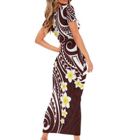 Plumeria With Oxblood Polynesian Tattoo Pattern Short Sleeve Bodycon Dress LT05 - Polynesian Pride